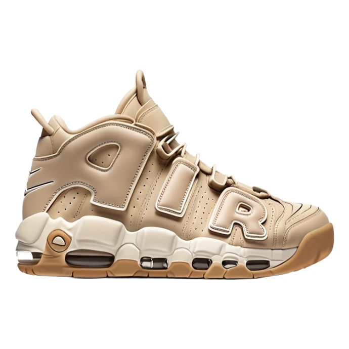 Two beige Nike Air More Uptempo sneakers arranged with one positioned behind the other, simple clean design with minimal details but distinct AIR lettering sticker