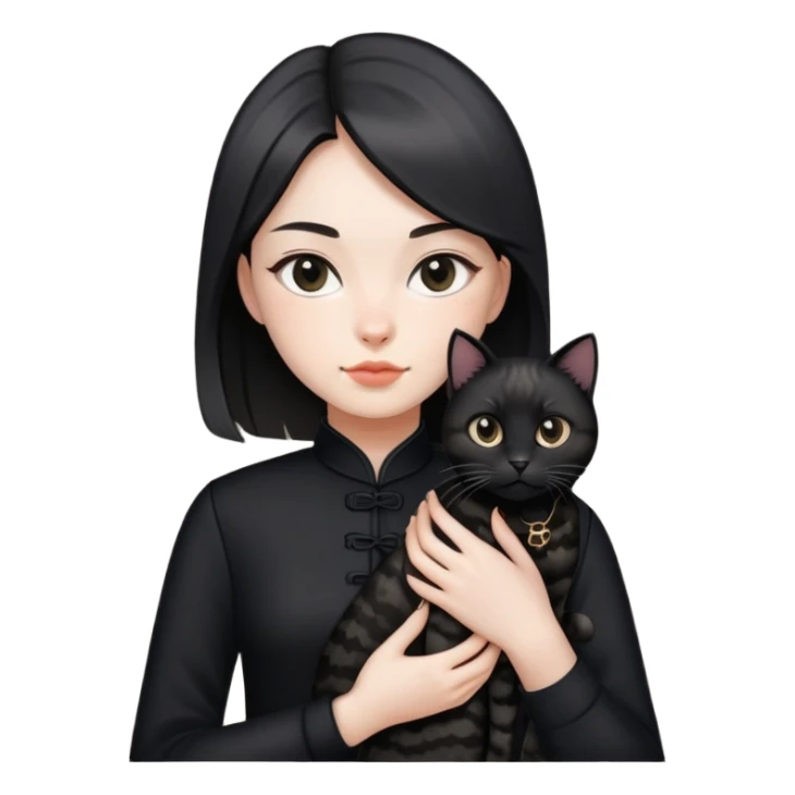 Young woman in black clothes with a black-patterned Chinese domestic cat sticker