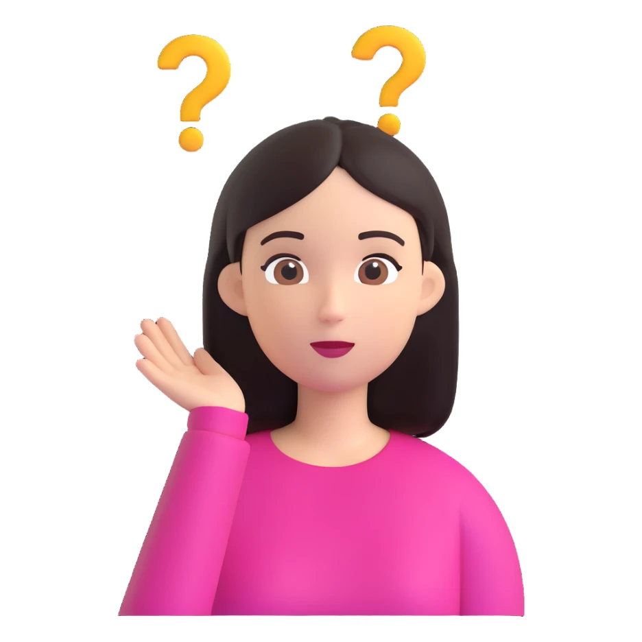 confused woman with straight dark hair, head tilted, question marks circling around her, 3D emoji style sticker