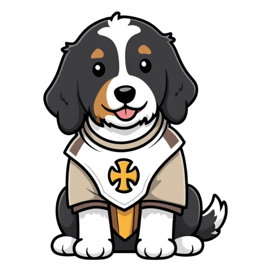 A black Bernedoodle with a white chest with Friar gear on sticker