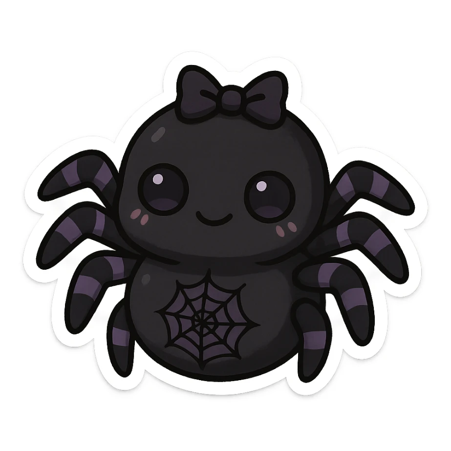 gothic black and purple spider, adorable and spooky, chibi style sticker