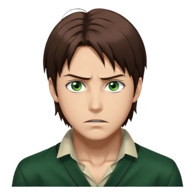 “Make him look like Eren Yeager S3 — long brown hair tied back, strong jawline, sharp green eyes, that cold, intense Eren vibe.” sticker