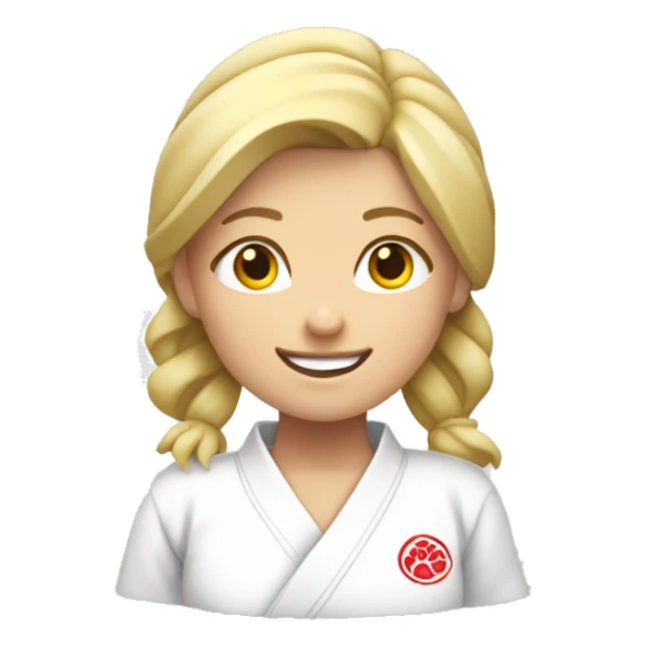 blond judo girl with wide smile and hands next to face sticker