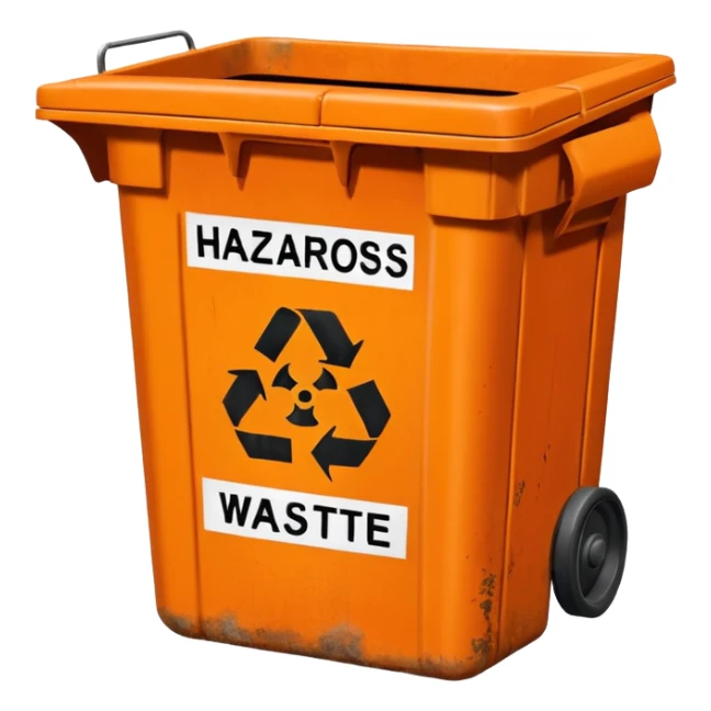 empty orange BIN WITH "HAZARDOUS WASTE" WORD IN IT. CORRECT SPELLING PLEASE sticker