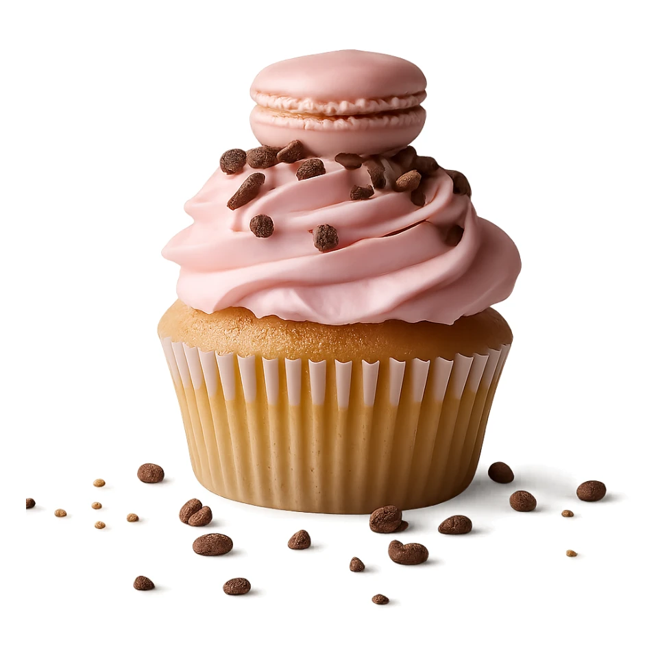 Remove the background, keep only the realistic cupcake with pink icing and accessories, preserve photorealistic style, transparent background. sticker