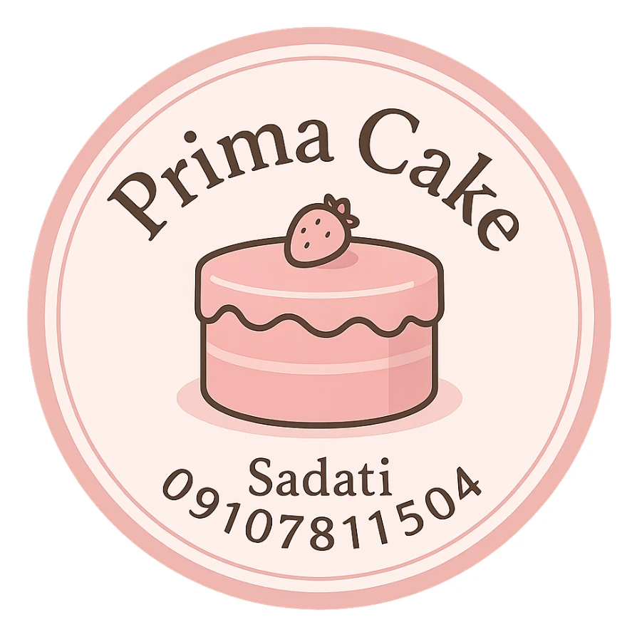 A circular logo for Prima Cake bakery with a pink cake at the center, featuring the text Prima Cake in English and the contact info Sadati 09107811504 below it. The logo should have a pink circular border and a white background, designed to be printable for cake decoration. The style should be elegant and suitable for a bakery sticker