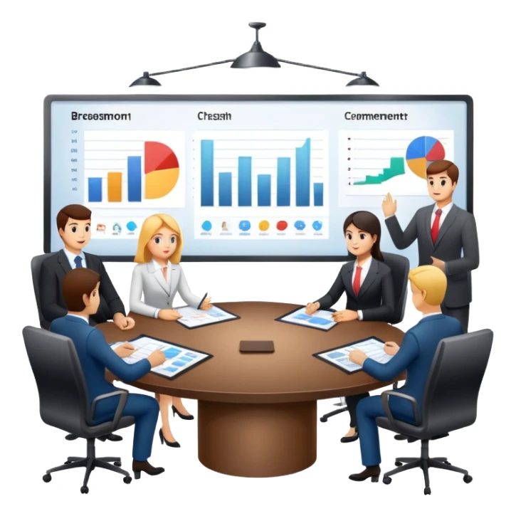 boardroom meeting with people presenting charts on a large table sticker