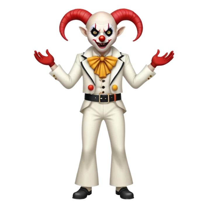 full-body demonic clown in a white leisure suit with bellbottom pants, bald, with black ram horns, flashy belt, ruffled shirt, no neck tie, large fangs in mouth sticker