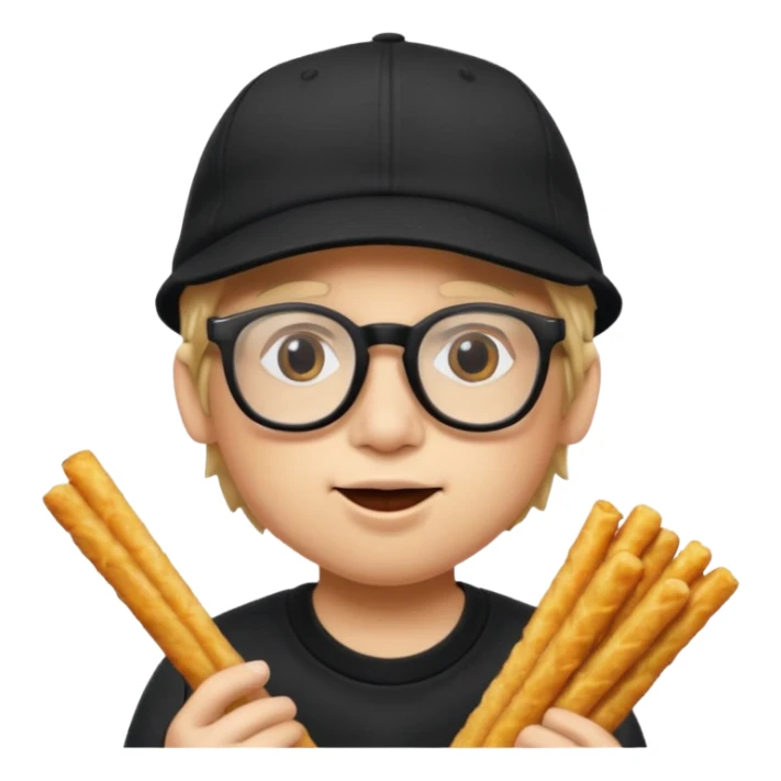 num num eatting hashbrown sticks with a plain black cap and glasses sticker