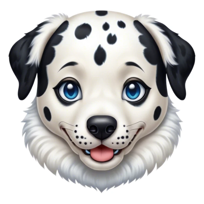 Cinematic Comical Harlequin Dalmatian Portrait Emoji, Head tilted dramatically with an exaggeratedly shocked or amused expression, featuring a striking Fur of predominantly white with vivid black patches, wide, expressive blue eyes filled with playful disbelief, Simplified yet hilariously expressive features, highly detailed, glowing with a slightly sassy glow, high shine, dramatic yet playful, stylized with an air of cheeky charm, bright and endearing, soft glowing outline, capturing the essence of a spirited and over-the-top guardian, so meme-worthy it feels like it could side-eye its way into internet fame instantly! sticker