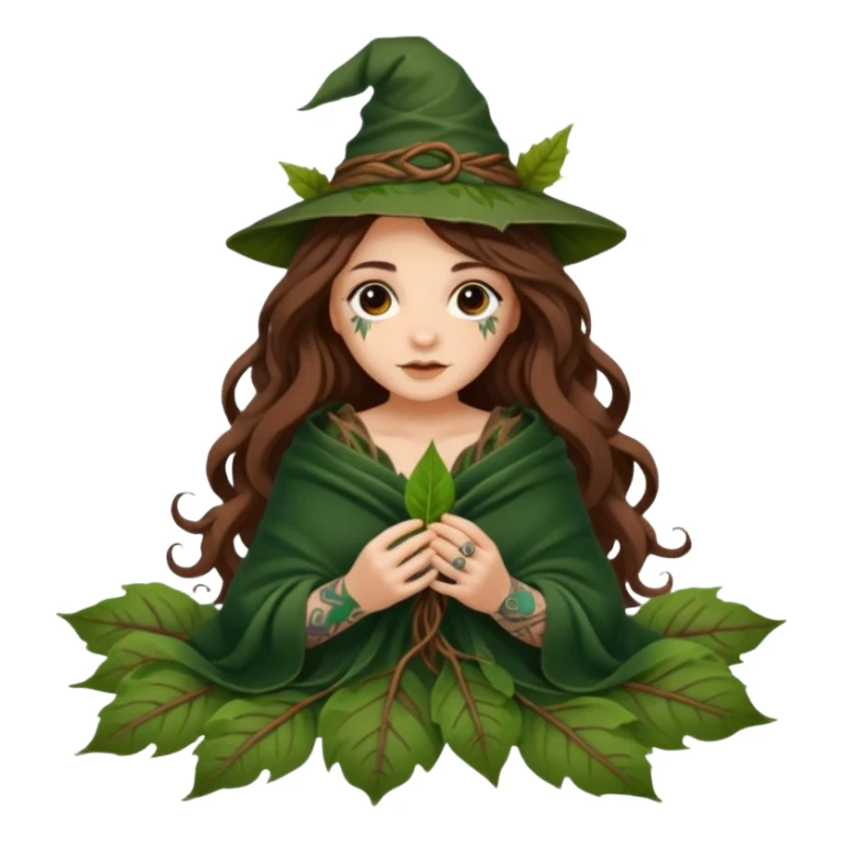 cute forest witch woman long wavy brown hair tattoos wrapped in leaf blanket sticker