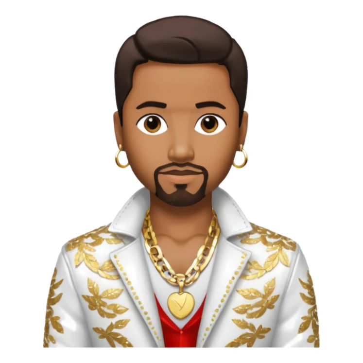 Teddy Riley with dark brown hair, white sequin jacket, shirtless with necklace sticker