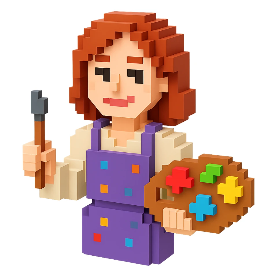 Serene female oil painter, Caucasian features, shoulder-length auburn hair, soft brown eyes, gentle smile, wearing a violet painter’s apron lightly stained with paint over a beige blouse, holding a wooden palette with vibrant colors in one hand and a brush in the other, waist-up, front-facing sticker