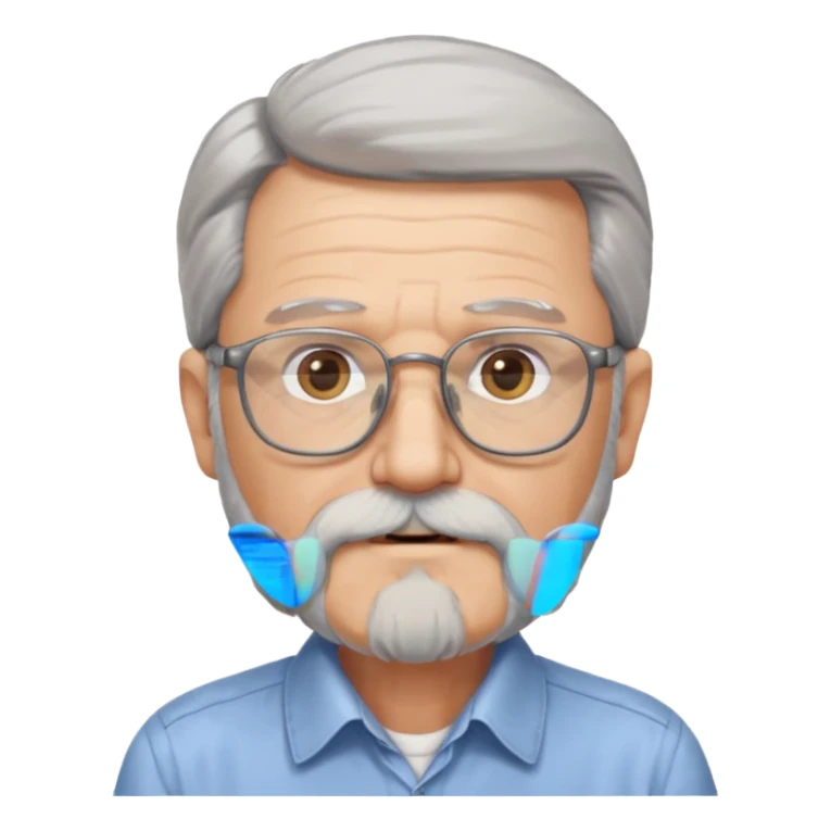 old man with long hair and beard wearing glasses with shirt sticker