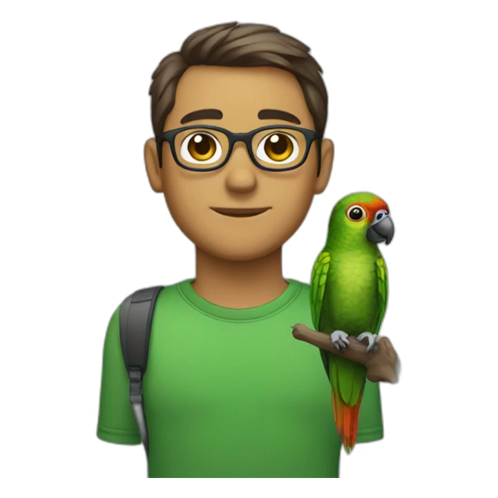 man with glasses and a green cheeked conure on his shoulder sticker