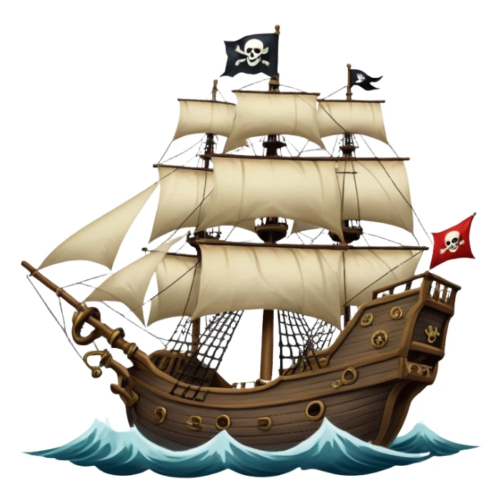 An icon representing an adventure game, inspired by high-seas exploration. The design features a fearless pirate gripping the wheel of a grand sailing ship, its tattered Jolly Roger flag billowing as it cuts through stormy waters. The scene evokes danger, treasure, and the thrill of the open sea. Transparent background. sticker