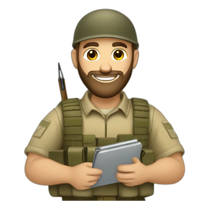 pale brown bearded israeli IDF soldier happy holding notebook and pen sticker