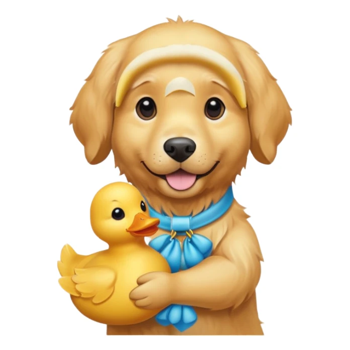 Golden retriever dog with a toy duck sticker