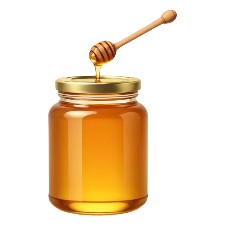glass jar of honey, golden amber, glossy surface, light reflections, dense smooth honey, simple lid wooden metallic or golden, blank label optional, minimal honey dipper resting on jar, 3D clean style, transparent background sticker