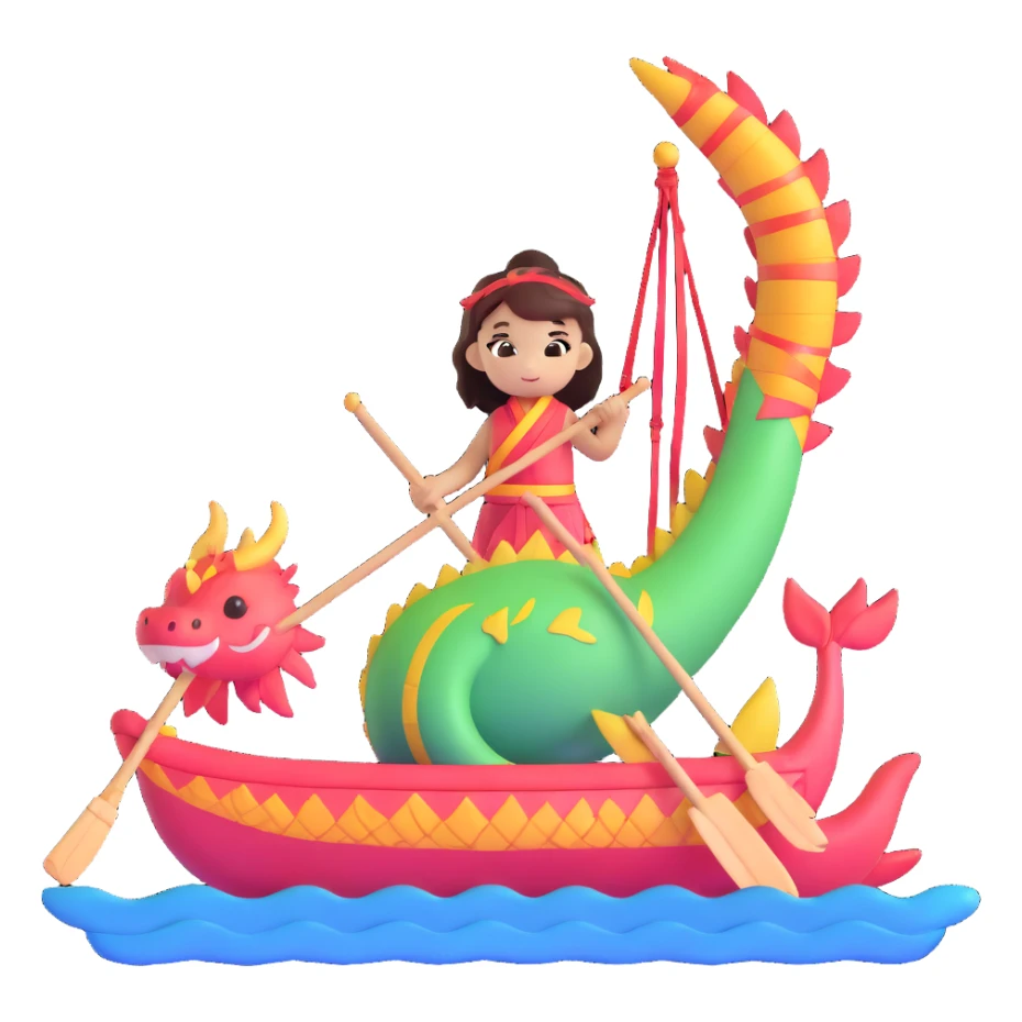A chibi girl dressed as a dragon boat drummer, holding soft pastel drumsticks, standing in a fluffy dragon boat, colorful festival ribbons flying, sparkles and cute mini fish swimming below, soft pastel colors, watercolor texture, transparent background sticker