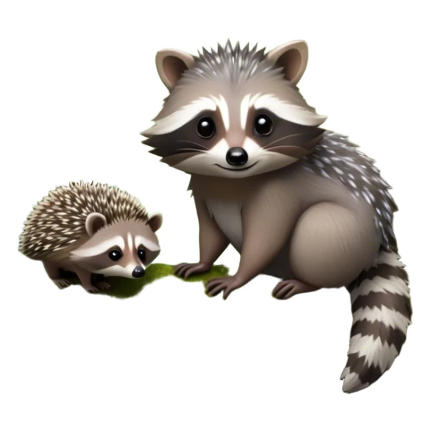 Collage of an exotic raccoon and a hedgehog, both curiously exploring a forest setting with moss and small flowers. The raccoon is perched on a tree branch, and the hedgehog is nestled in the underbrush. Vibrant nature backdrop. Transparent background. sticker
