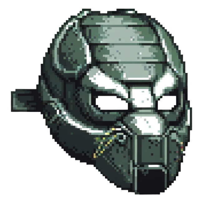 A black turtle mask with scratches, pixel art style, three-quarter view sticker