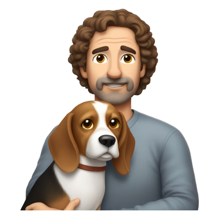 Beagle cuddles middle age man with curly dark brown  hair without bear  sticker