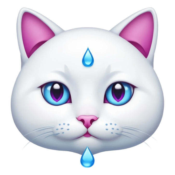 White cat, emphasized sad face, blue water tear drop below one eye, magenta eyes, black background, cute cartoon style sticker