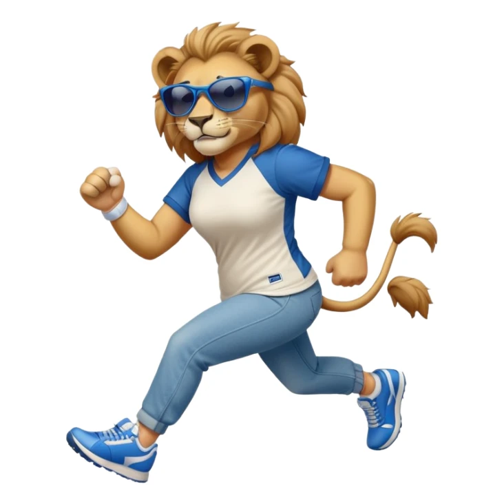 friendly anthropomorphised female lion wearing a baseball shirt, jeans, trainers, dark sunglasses, jogging upright, looking dominant and confident sticker