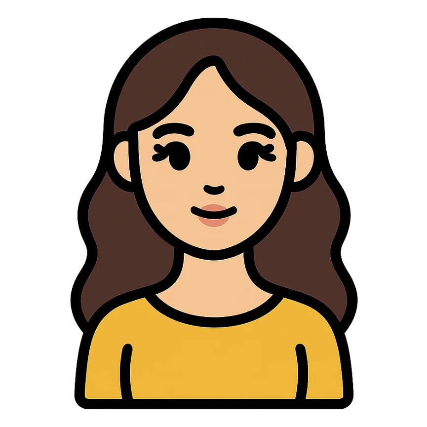 oval face with wide dark eyes and long eyelashes, soft nose and lips, light skin, long wavy dark brown hair, slim body, simple elegant clothes without hijab, colorful icon style with clear lines sticker