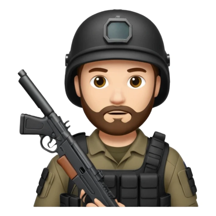 SWAT member with white skin and brown beard and gun sticker