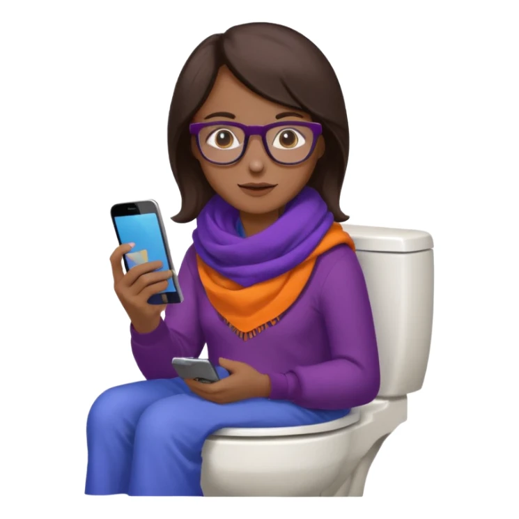 Fille châtain foncé avec lunettes. Elle porte une grosse écharpe violette, bleu et orange. Elle assise dans une cuvette de toilette. Téléphone en main. Realiste sticker