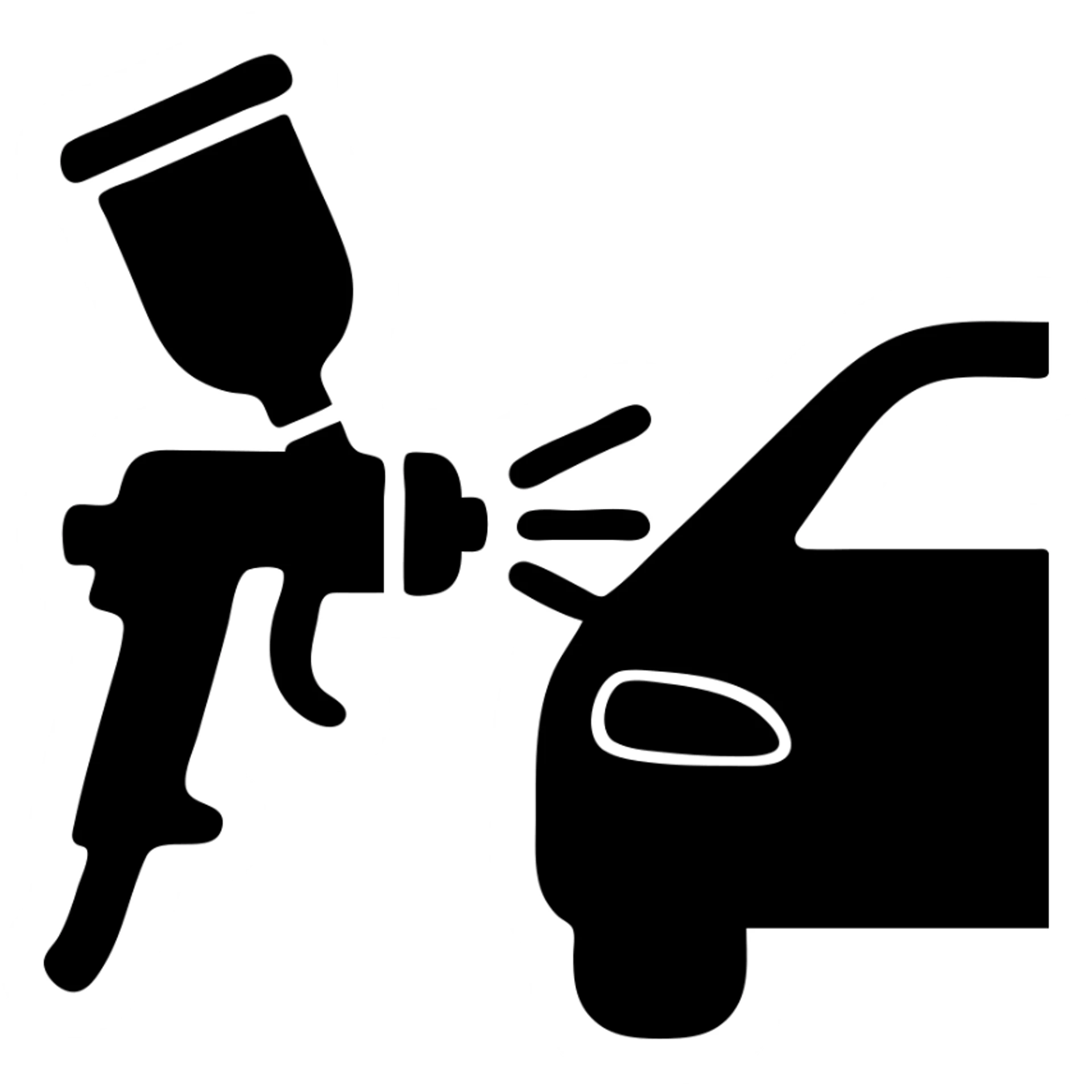 solid icon of a paint spray gun aiming at a car section, glossy black paint spraying out, silver details, clean lines, minimal and elegant sticker
