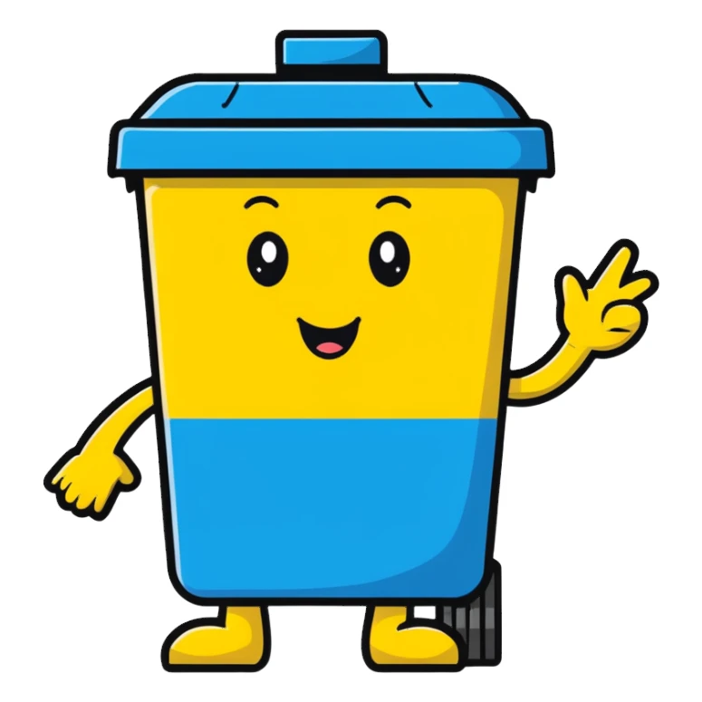 cartoon blue bin with a happy face, waving and saying hi sticker