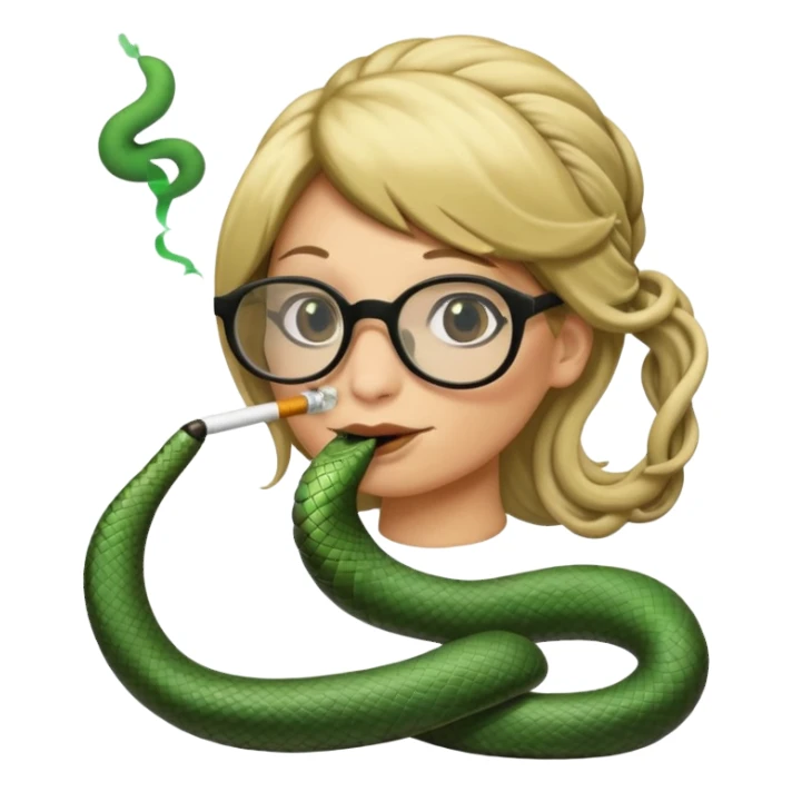 can you create a sneaky bitch SNAKE with big glasses smoking a cigarrette? the SNAKE needs to have dirty blonde hair
can you add a text baloon saying "YADA YADA" - it's a snake emoji sticker