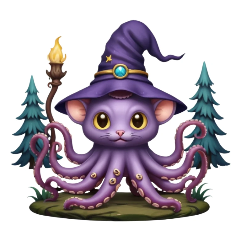 a cat that looks like a wizard that is half monster half octopus holding a rat looking super scary and mysterious with forest background nighttime sky sticker