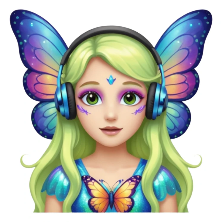 long haired make glitter makeup fairy wearing headpones wing butterfly wings  sticker