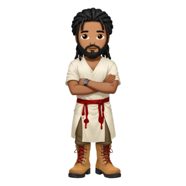 African American man with shoulder length black dreadlocks with black beard wearing a white tunic with blood on it wearing timberland boots with arms folded together sticker