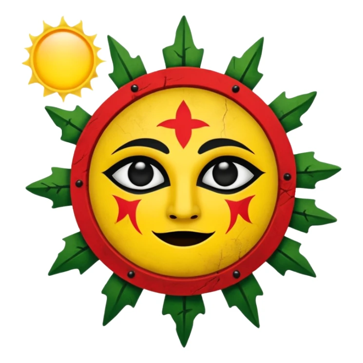 Medieval Banner with a white background, yellow sun in the foreground, and red beams on the sun, ad green edges to the banner and make the sun a s crudely drawn face in black sticker