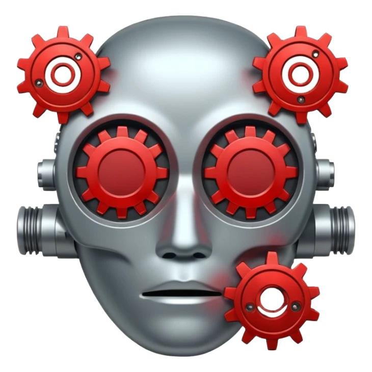 Broken Face ID scanner icon with red X and gears settings nearby, flat UI style alert. sticker