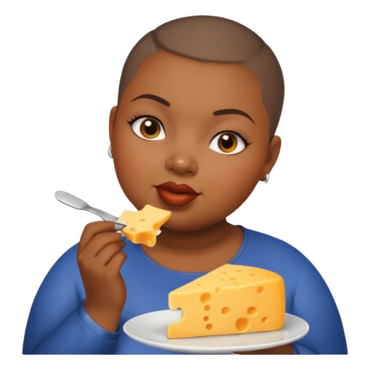 Black fat woman with buzz cut eating cheese sticker