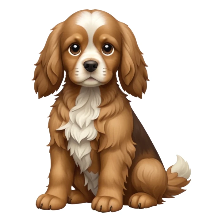 cinematic-[cocker spaniel dog]-realistic-full-body-sitting-emoji,-tail-resting-loosely-beside-its-paws,-head-tilted-dramatically,-scruffy-[solid brown]-fur,-simplified-yet-realistic-focused-features,-highly-detailed,-glowing-with-an-almost-sarcastic-glow sticker