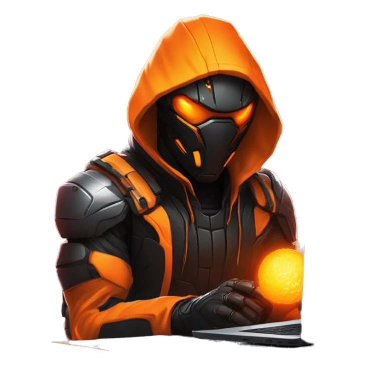  developer behind his laptop with this style : crysis Cyberpunk Valorant orange glowing bright orange character orange black hooded assassin themed character sticker