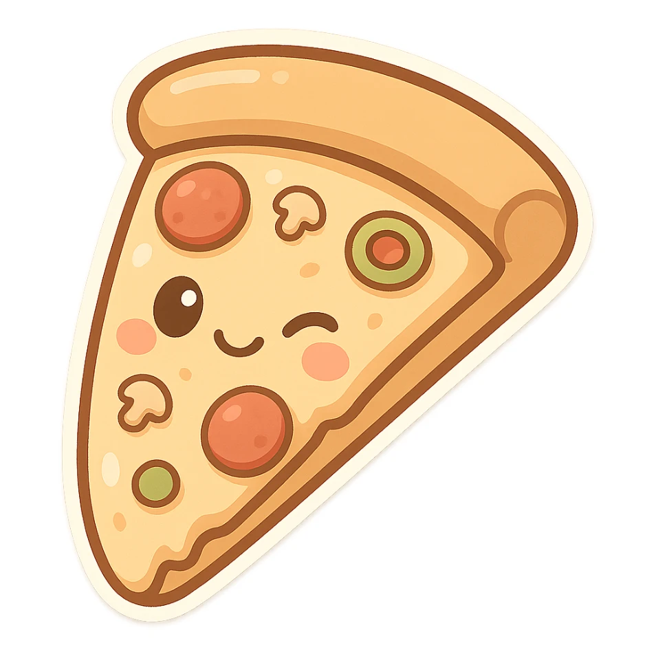 chibi sticker-style slice of pizza with a winking face, cute and exaggerated sticker