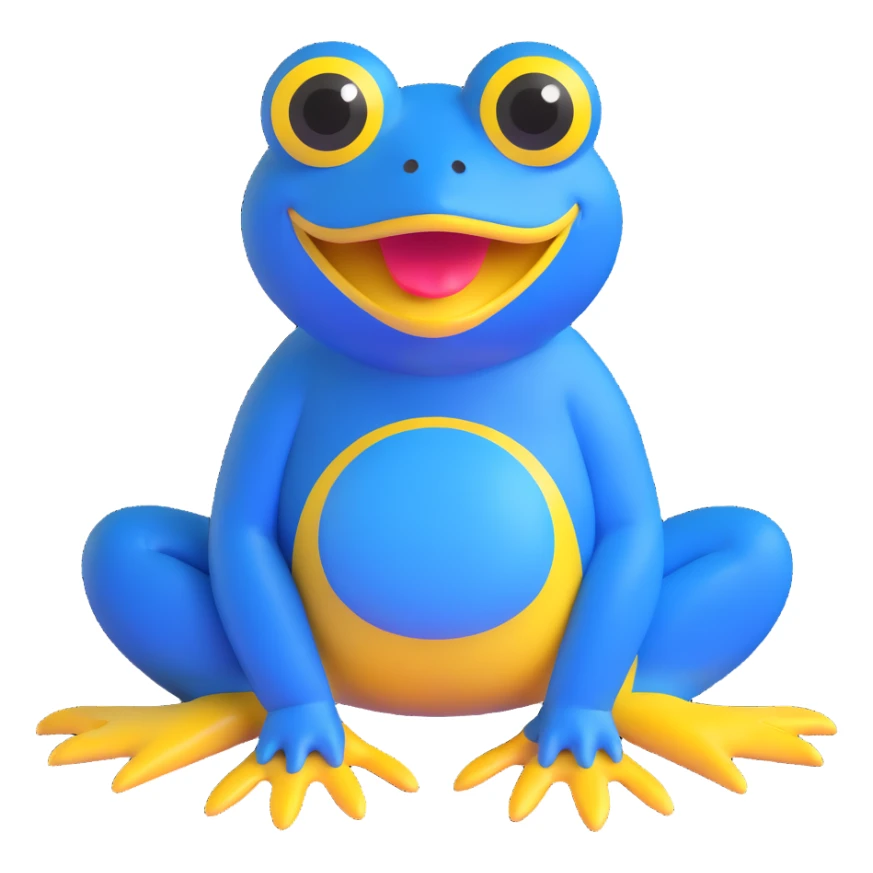 blue frog, sitting pose, exaggerated yellow mouth, wide eyes, cute and silly, appealing to children, no accessories sticker