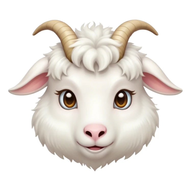 Cinematic Cute White Goat Portrait Emoji, Head tilted playfully and inquisitively, featuring a fluffy, immaculate white fur with charming curved horns, round, sparkling eyes filled with gentle curiosity, Simplified yet irresistibly adorable features, highly detailed, glowing with a warm, friendly glow, high shine, affectionate and lively, stylized with a touch of whimsical charm, bright and endearing, soft glowing outline, capturing the essence of a mischievous yet loving goat, so playful it feels like it could trot out of the screen and into your arms! sticker
