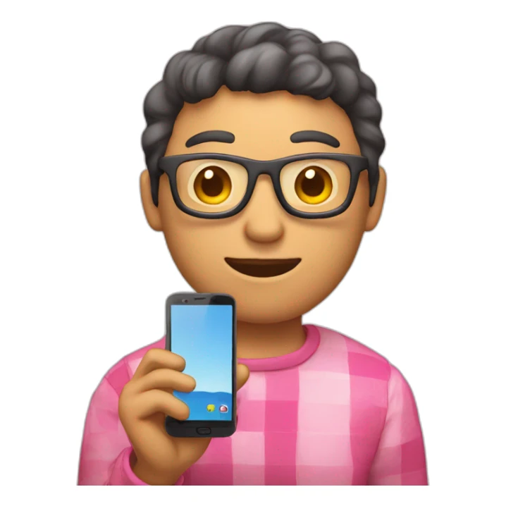 holding a smartphone with big pink check on the screen sticker