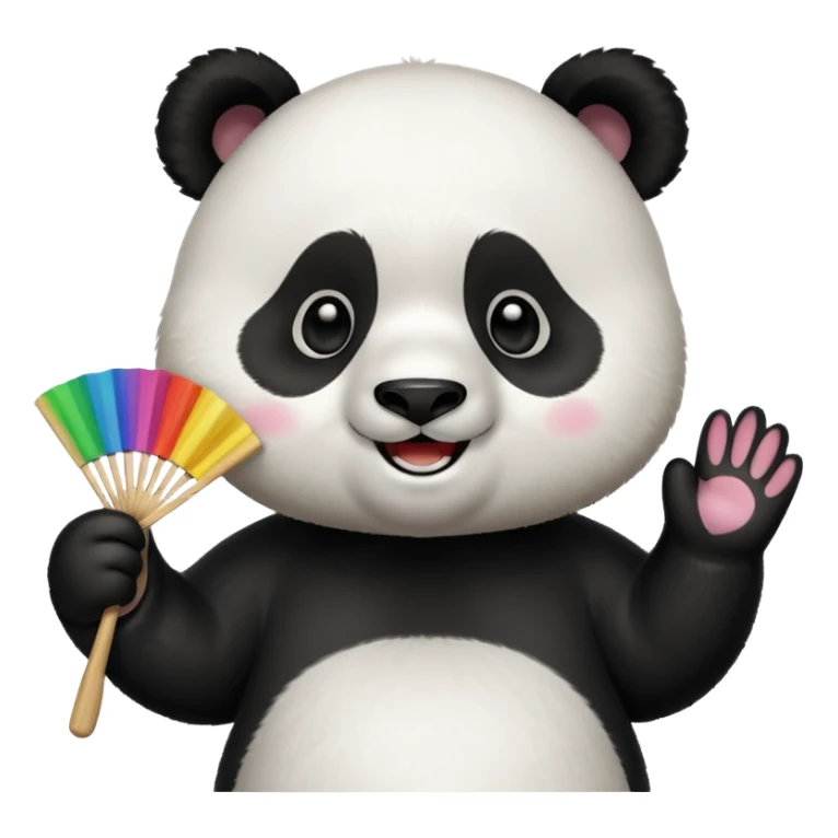 A panda waving a painted fan joyfully, cheeks puffed in excitement.
 sticker