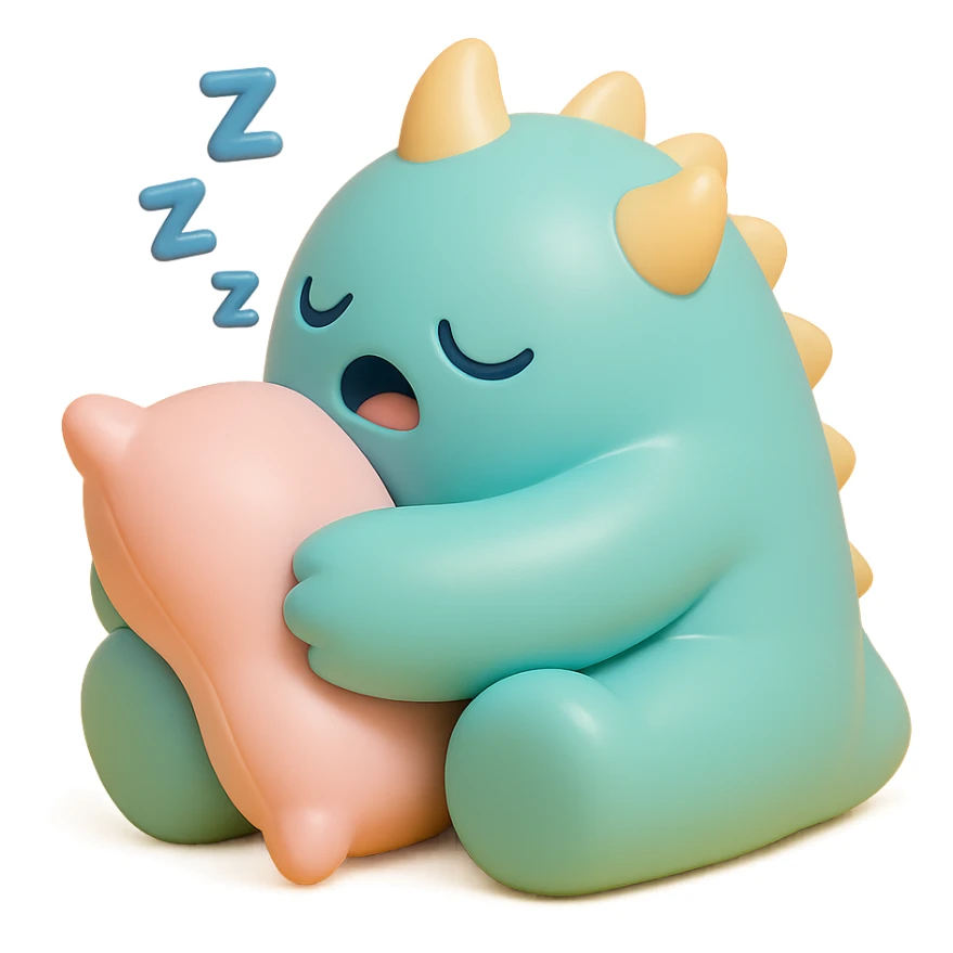 monster curled up with a pillow, snoring, gentle pastel palette, no background, vinyl figure style sticker
