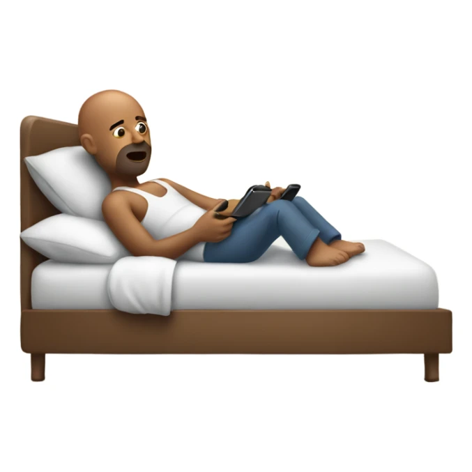Bald brown man being lazy in bed with phone in hand sticker